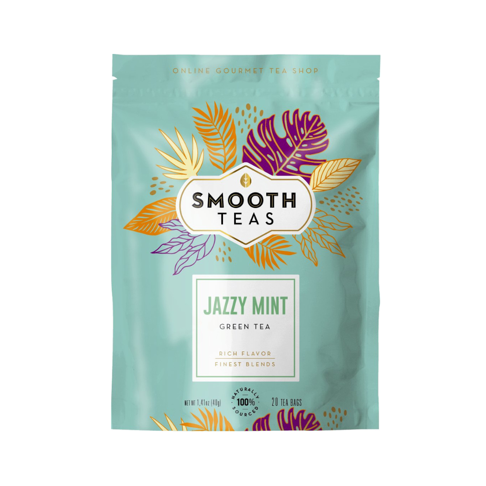 Tea package with 'Smooth Teas' branding and colorful leaf designs on a light blue background.