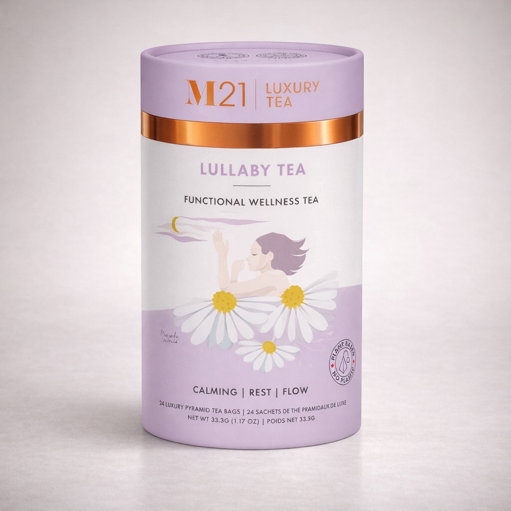 M21 Luxury Tea Lullaby Tea packaging on a light gray background