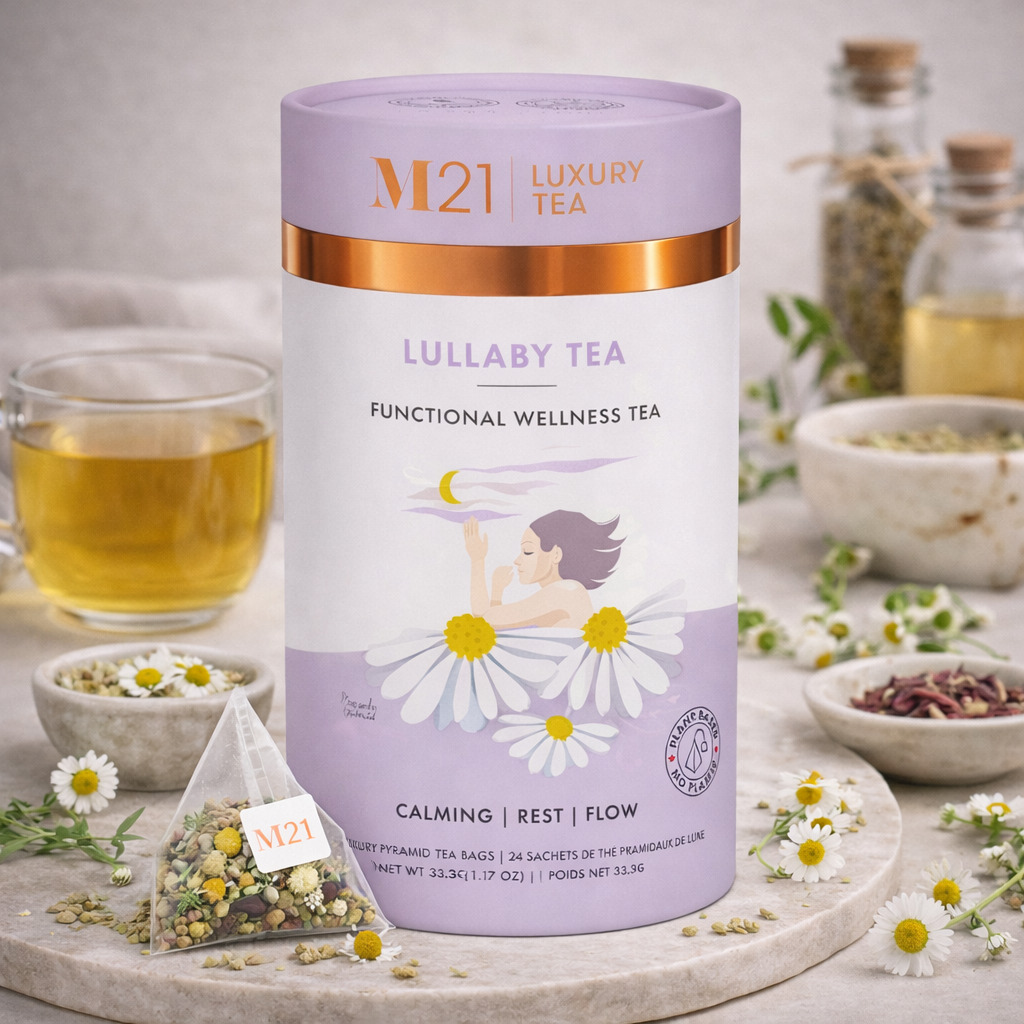 M21 Lullaby Tea packaging with a cup of tea and tea leaves on a wooden surface.