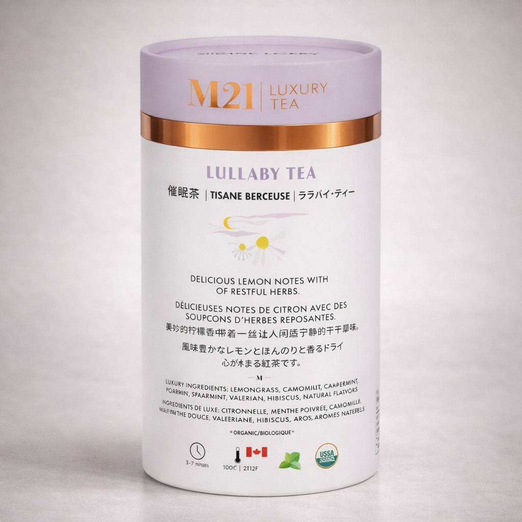 M21 Luxury Tea Lullaby Tea packaging on a light gray background