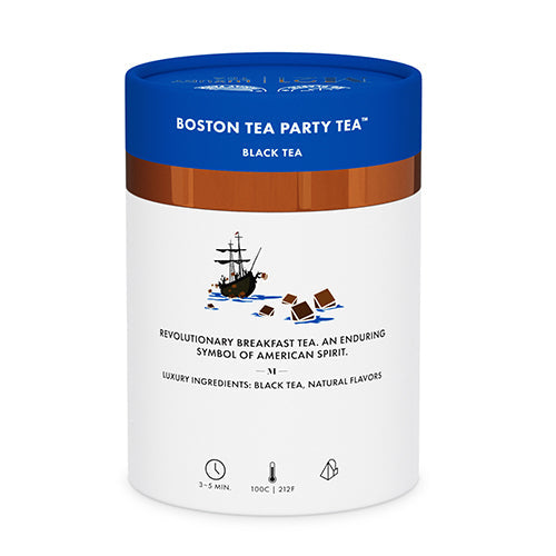 Boston Tea Party Tea packaging with blue and brown lid on a white background