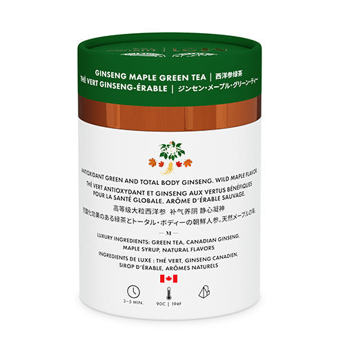 Ginseng Maple Green Tea packaging with green, white, and brown colors on a white background