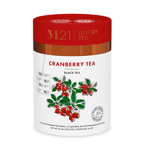 M21 Cranberry Tea packaging with red and white design on a white background
