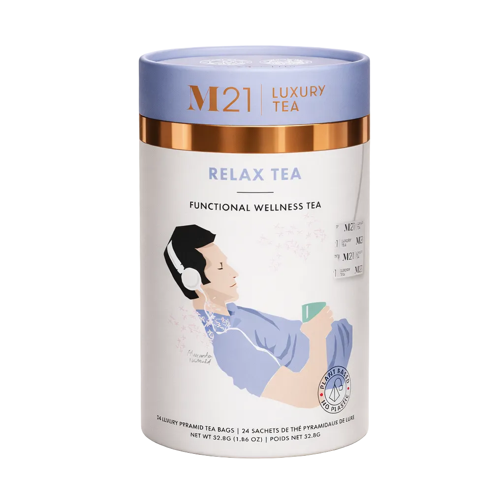M21 Luxury Tea canister with a person relaxing illustration on a white background