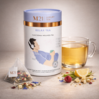 M21 Luxury Tea relax tea packaging with a glass of tea and tea bags on a neutral background