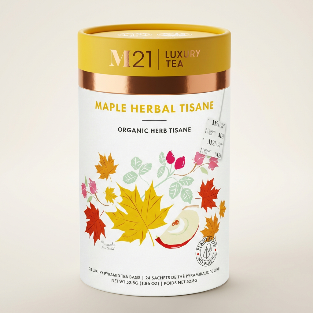 M21 Luxury Tea Maple Herbal Tisane packaging on a beige background