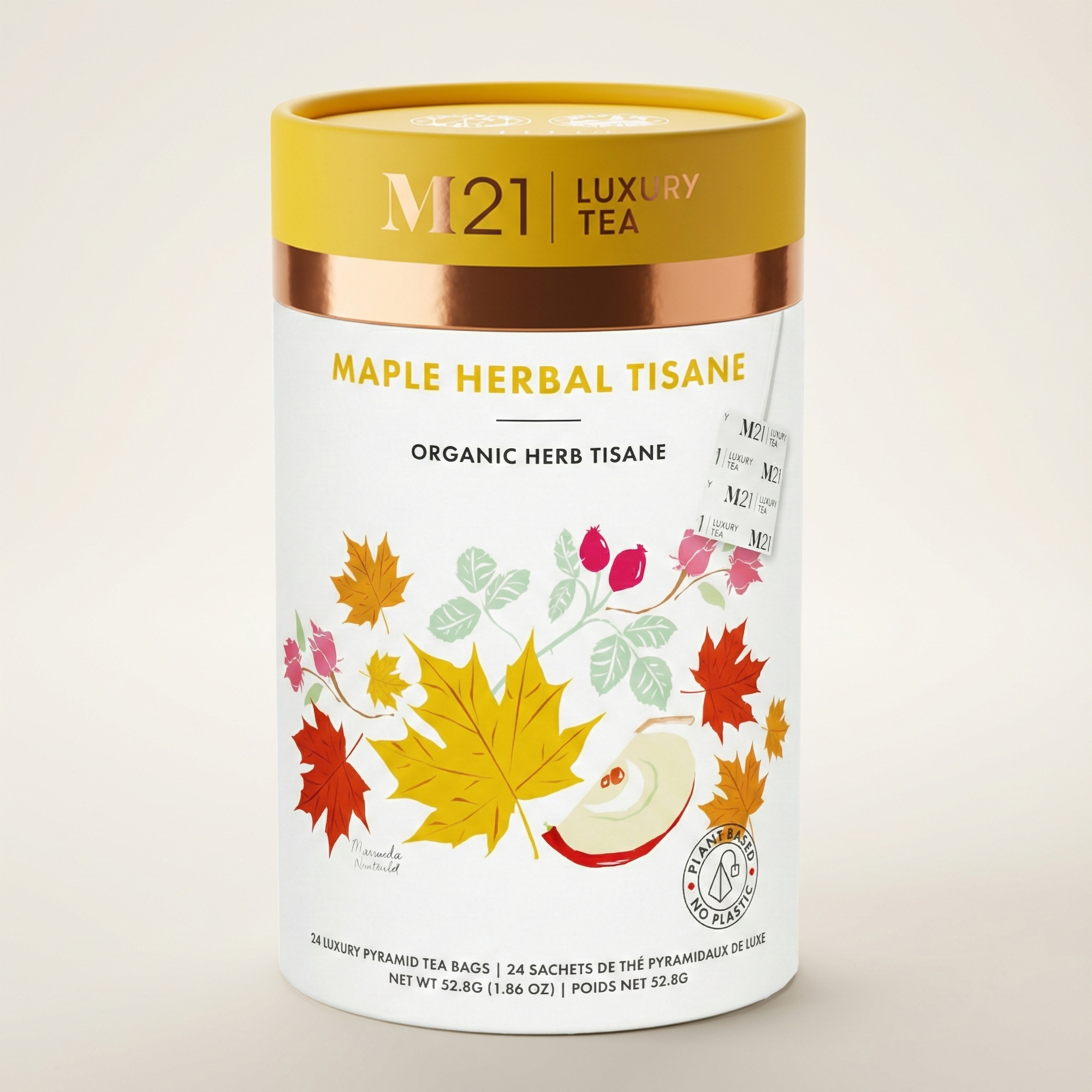 M21 Luxury Tea Maple Herbal Tisane packaging on a beige background