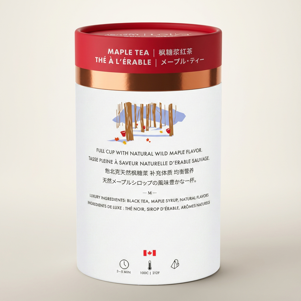 Maple tea canister with red lid and white body on a beige background