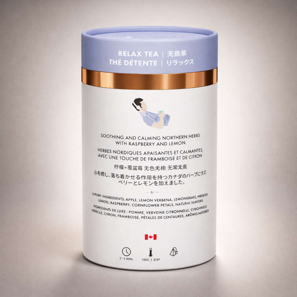 Tea canister labeled 'Relax Tea' with text on a light gray background
