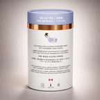 Tea canister labeled 'Relax Tea' with text on a light gray background