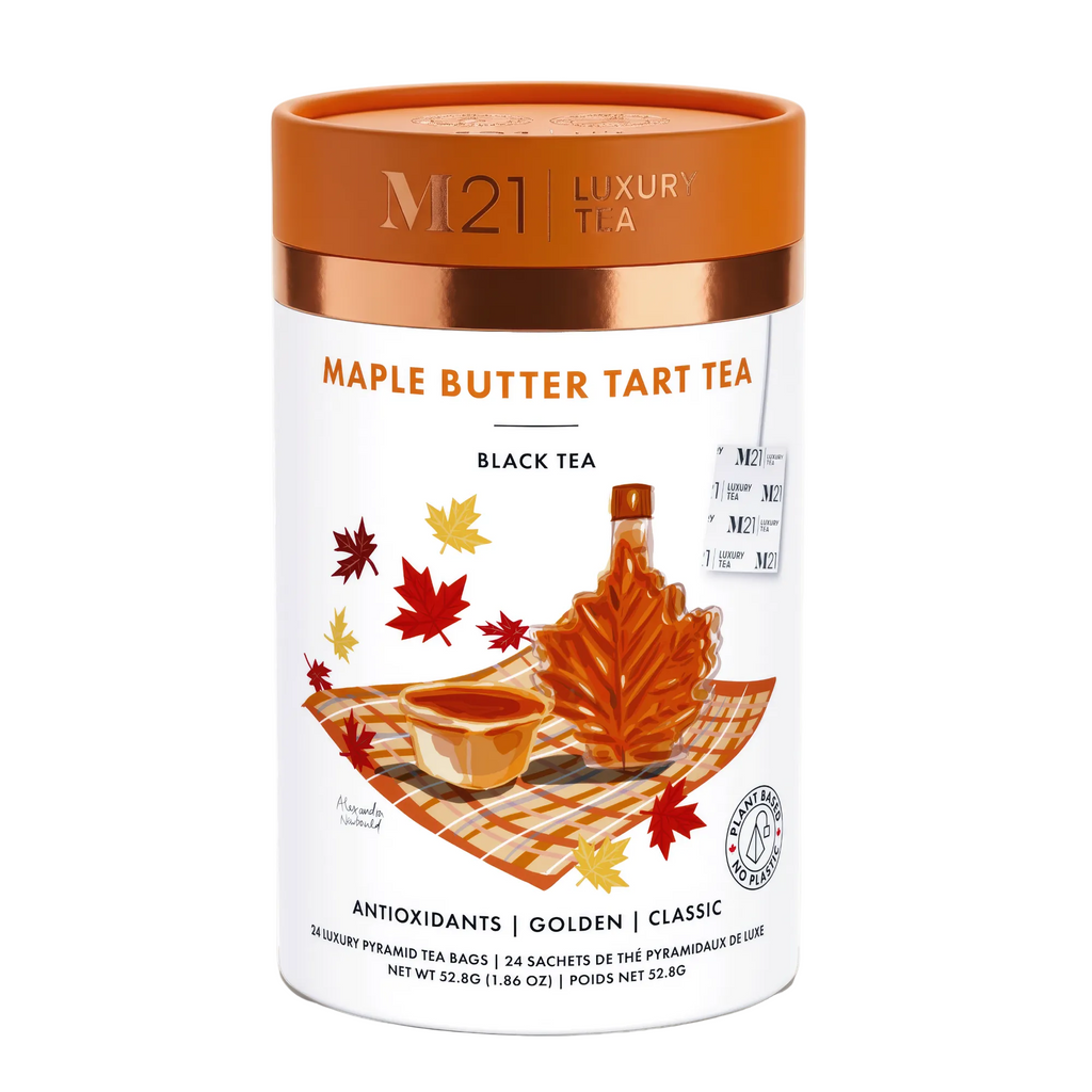 M21 Luxury Tea Maple Butter Tart tea packaging on a light beige background