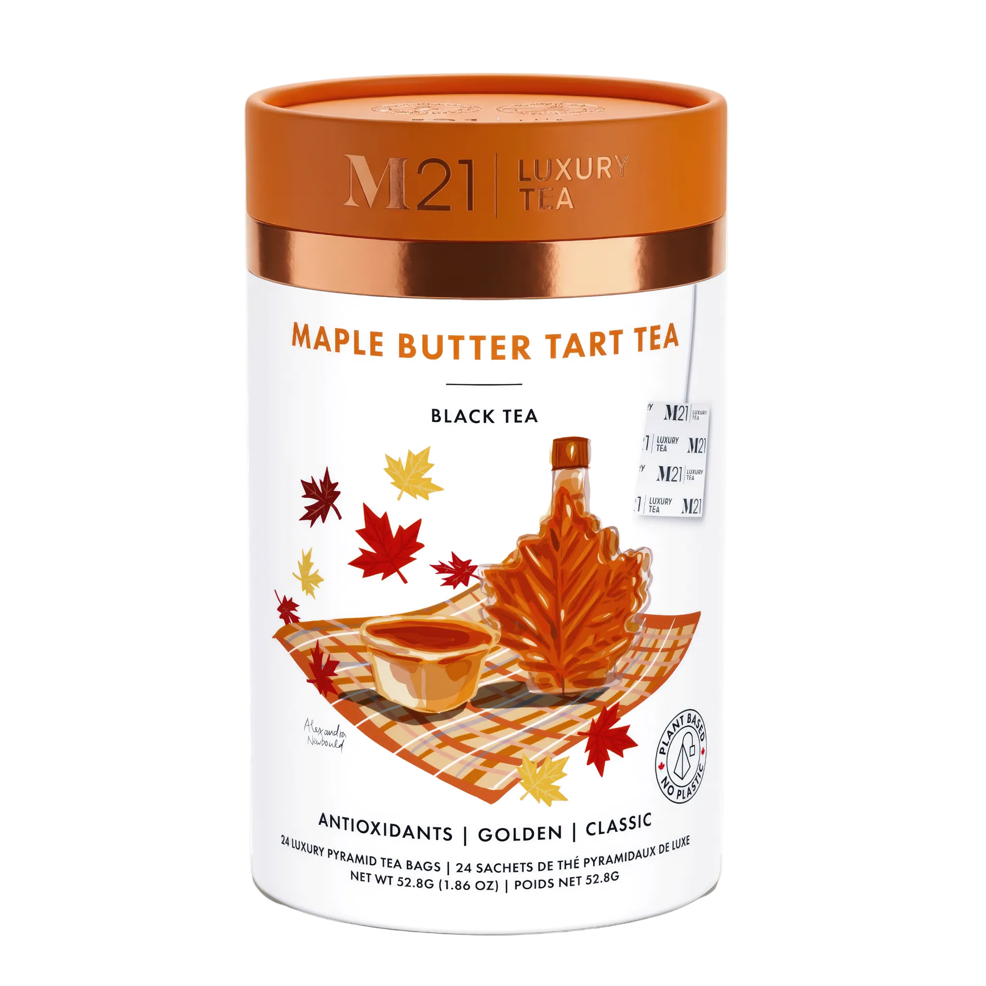 M21 Luxury Tea Maple Butter Tart tea packaging on a light beige background