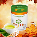 M21 Luxury Tea Maple Ginseng Tea can with a cup of tea, leaves, and syrup on a fall-themed background.