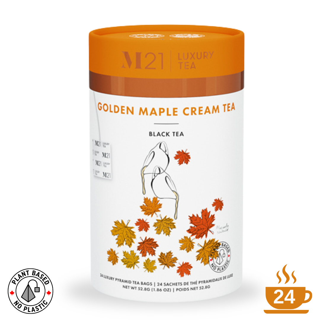 M21 Golden Maple Cream Tea packaging with orange lid and maple leaf design on a white background