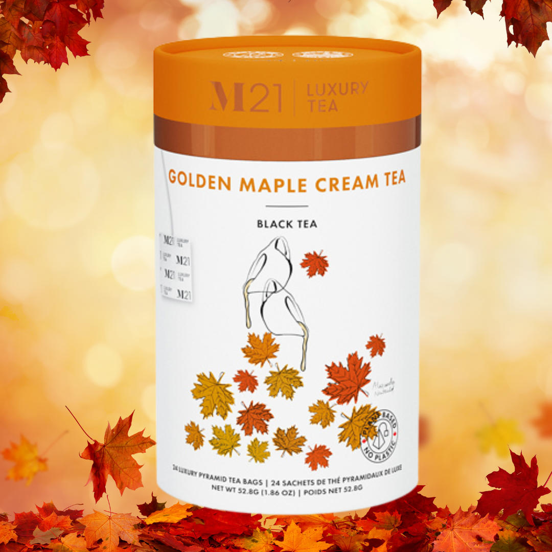M21 Golden Maple Cream Tea canister with autumn leaves in the background