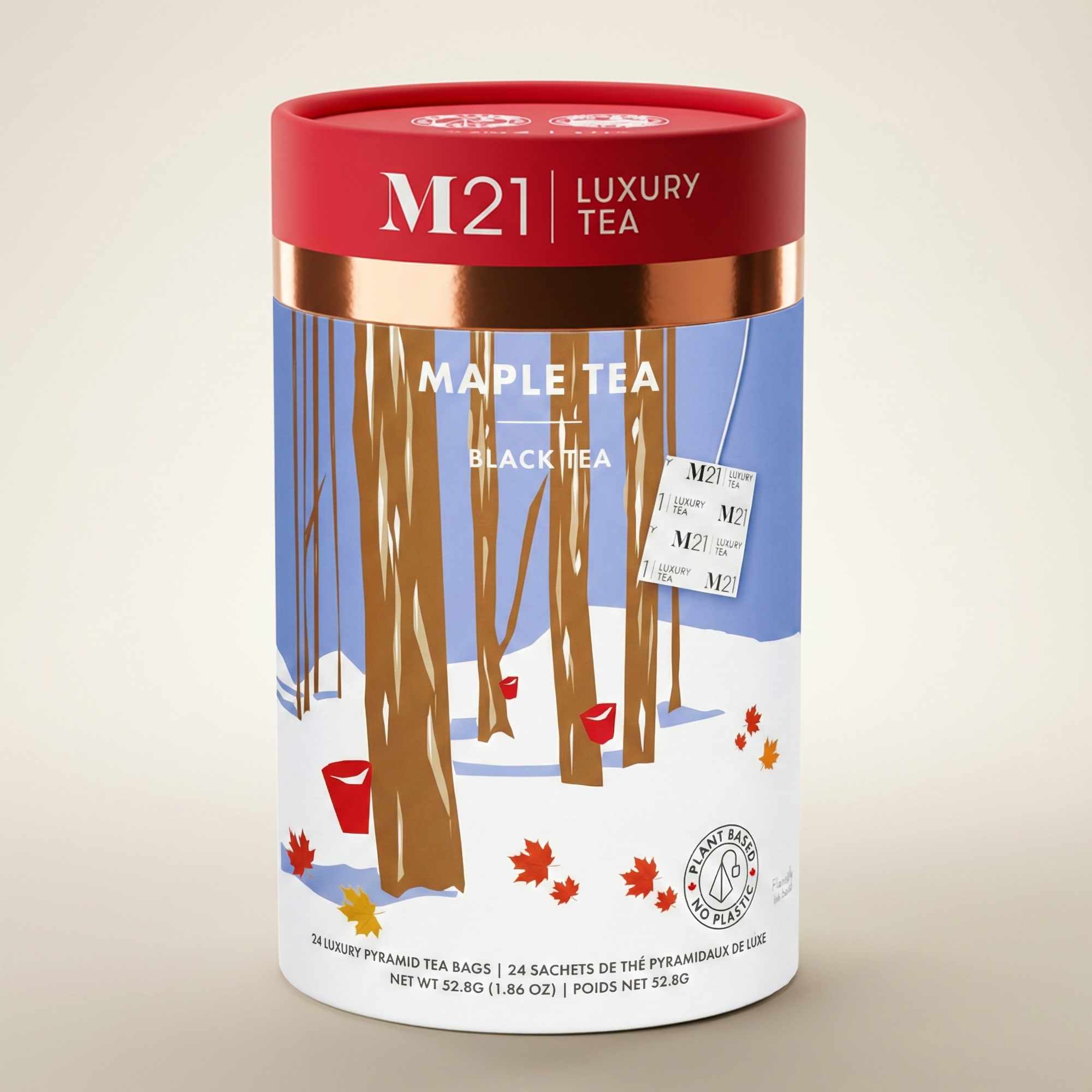 M21 Luxury Tea Maple Tea packaging with winter scene design on a beige background