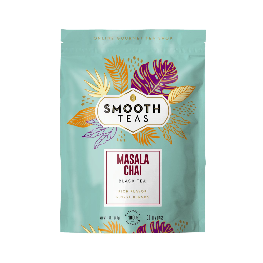 Packaging of Smooth Teas Masala Chai black tea with colorful leaf designs on a light blue background.