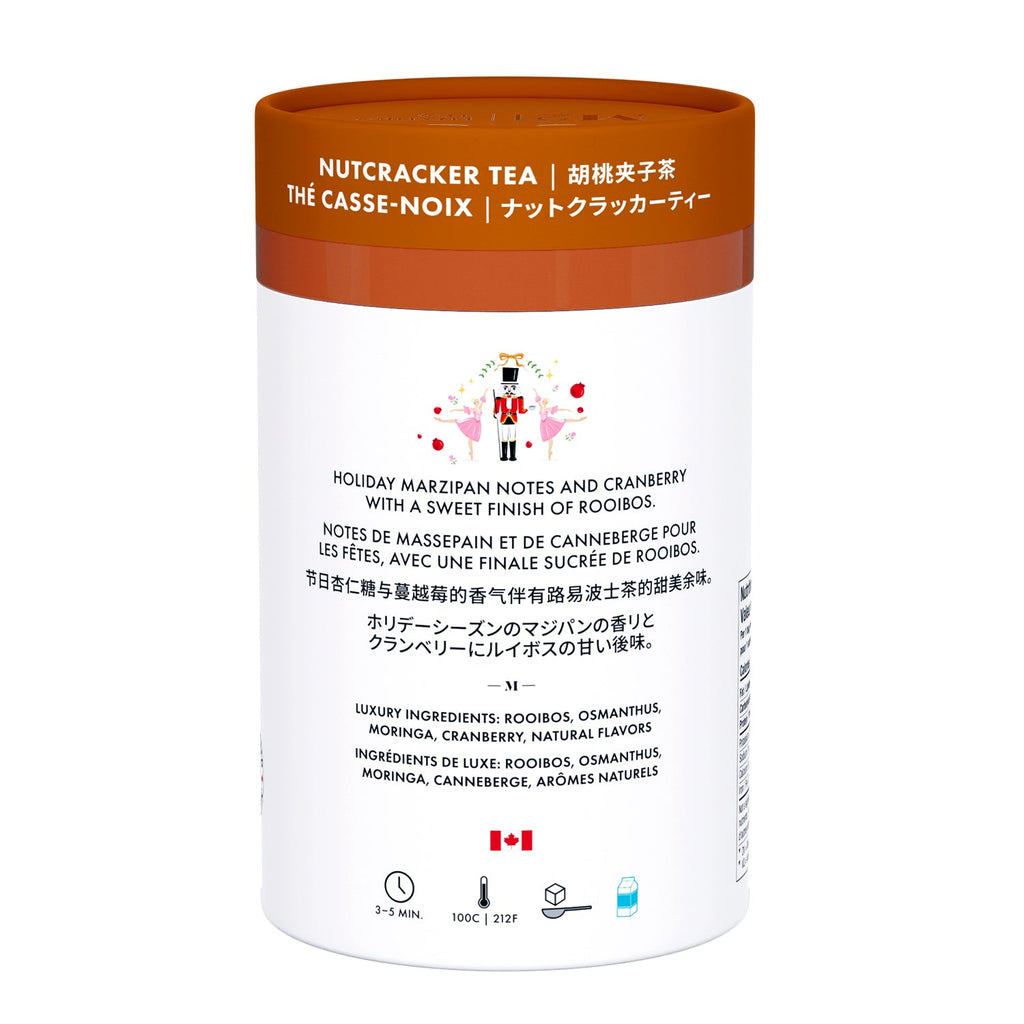 Tea canister with Nutcracker Tea branding and product details on a white background