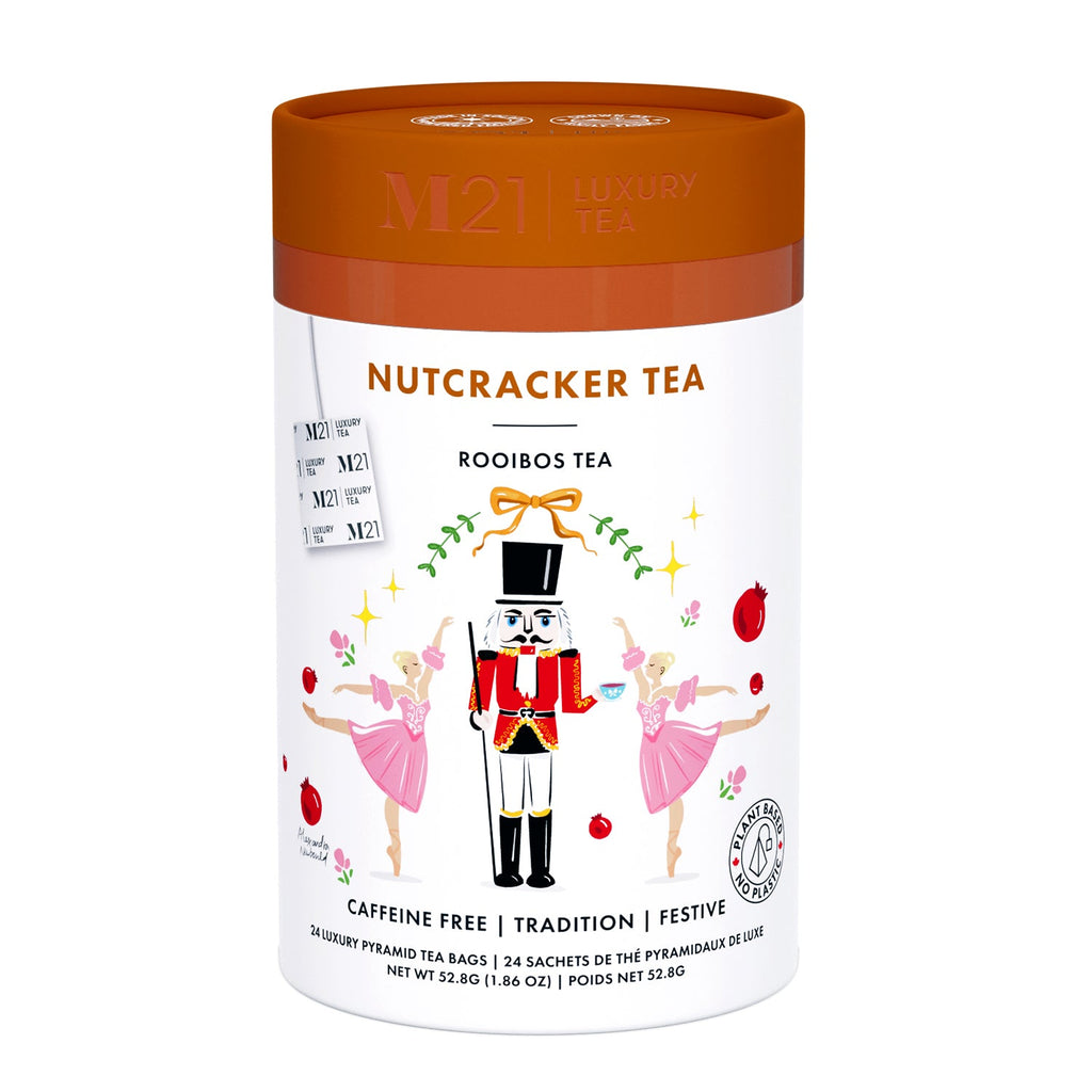 M21 Nutcracker Tea packaging with festive design on a white background
