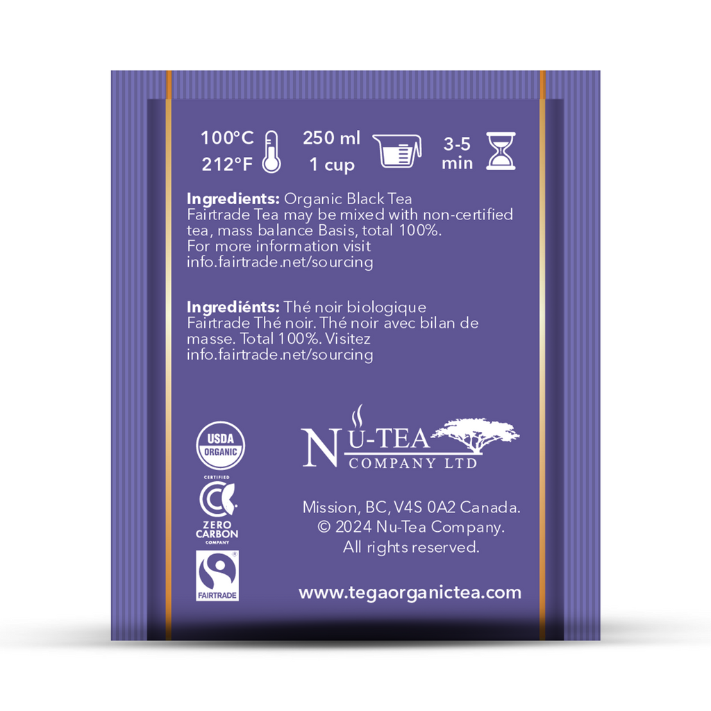 Nu-Tea Company tea package with branding and certification logos on a white background