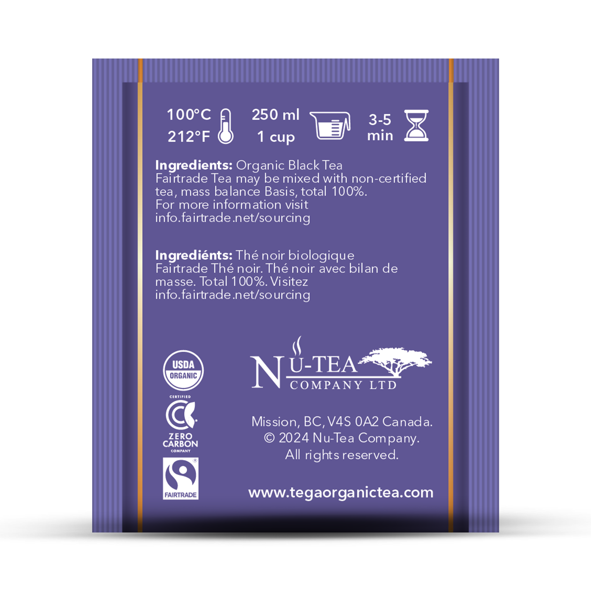Nu-Tea Company tea package with branding and certification logos on a white background