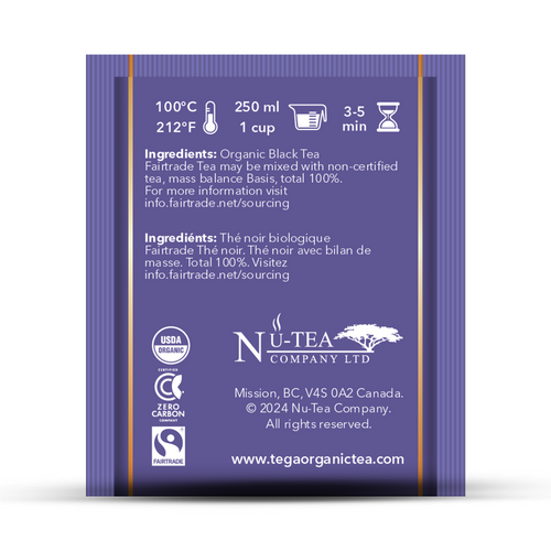 Nu-Tea Company tea package with branding and certification logos on a white background