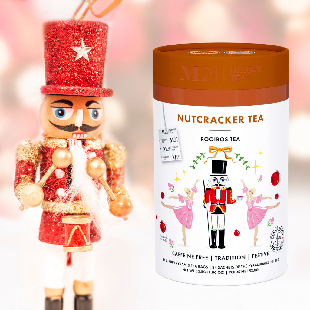 Nutcracker tea packaging with a toy soldier figure on a blurred background