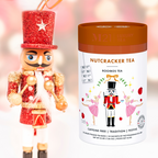 Nutcracker tea packaging with a toy soldier figure on a blurred background