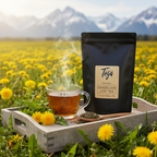Tea bag and cup of tea on a tray with dandelions and mountains in the background