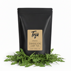 Black tea packaging with Tega label surrounded by dandelion leaves on a white background