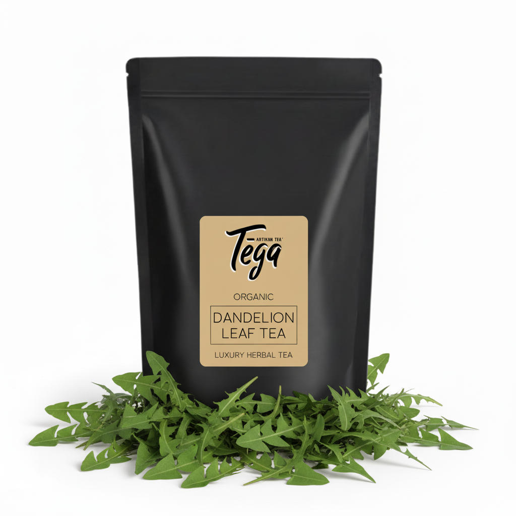 Black tea packaging with Tega label surrounded by dandelion leaves on a white background