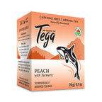 Box of Tega Peach with Turmeric tea on a white background