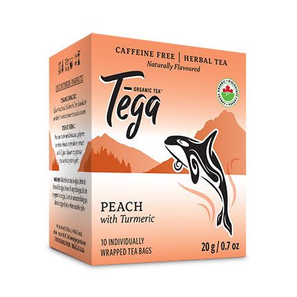 Box of Tega Peach with Turmeric tea on a white background