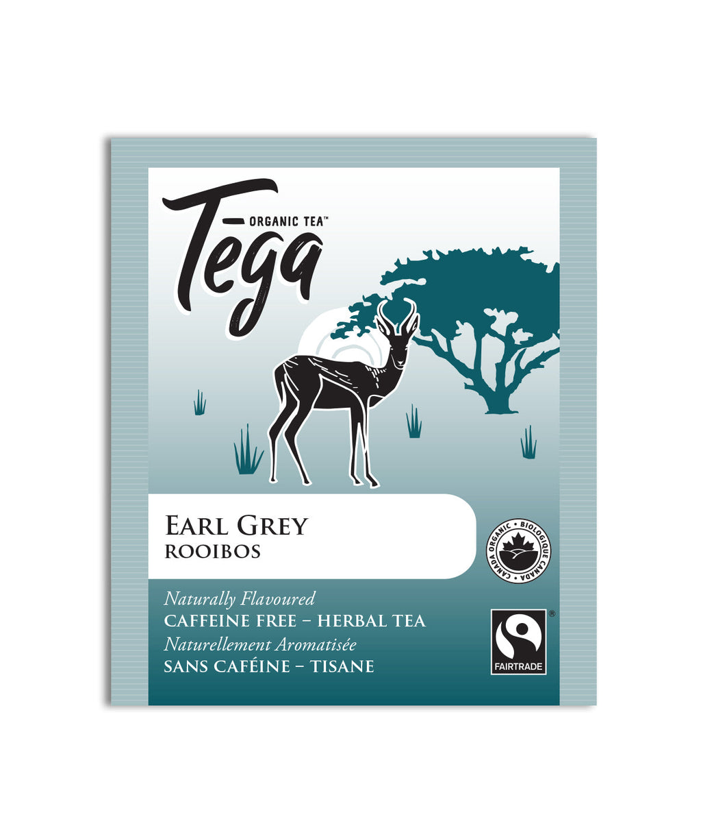 Tega Organic Tea package with an antelope illustration on a light blue background