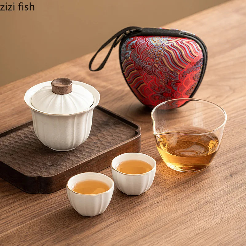 Glass Ceramic Travel Tea Set Portable Outdoor Teas  One Pot Two Cups Teas