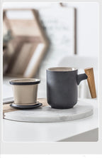 Tea Separation Mug Ceramic Frosted Tea Cup  Wooden Handle Mug With Lid Filtration