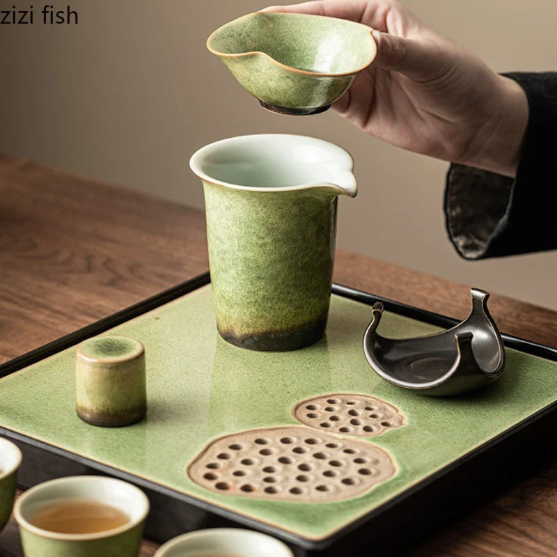 Kiln Transformation Kung Fu Tea Set Green Teapot Teacup Side Handle