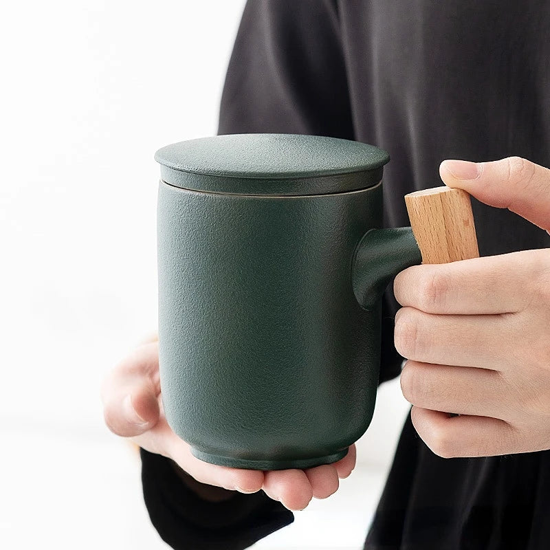 Tea Separation Mug Ceramic Frosted Tea Cup  Wooden Handle Mug With Lid Filtration