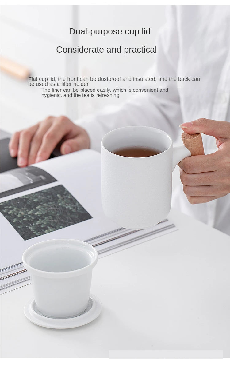 Tea Separation Mug Ceramic Frosted Tea Cup  Wooden Handle Mug With Lid Filtration