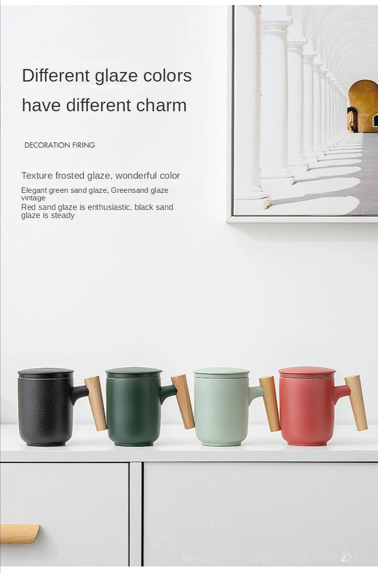 Tea Separation Mug Ceramic Frosted Tea Cup  Wooden Handle Mug With Lid Filtration