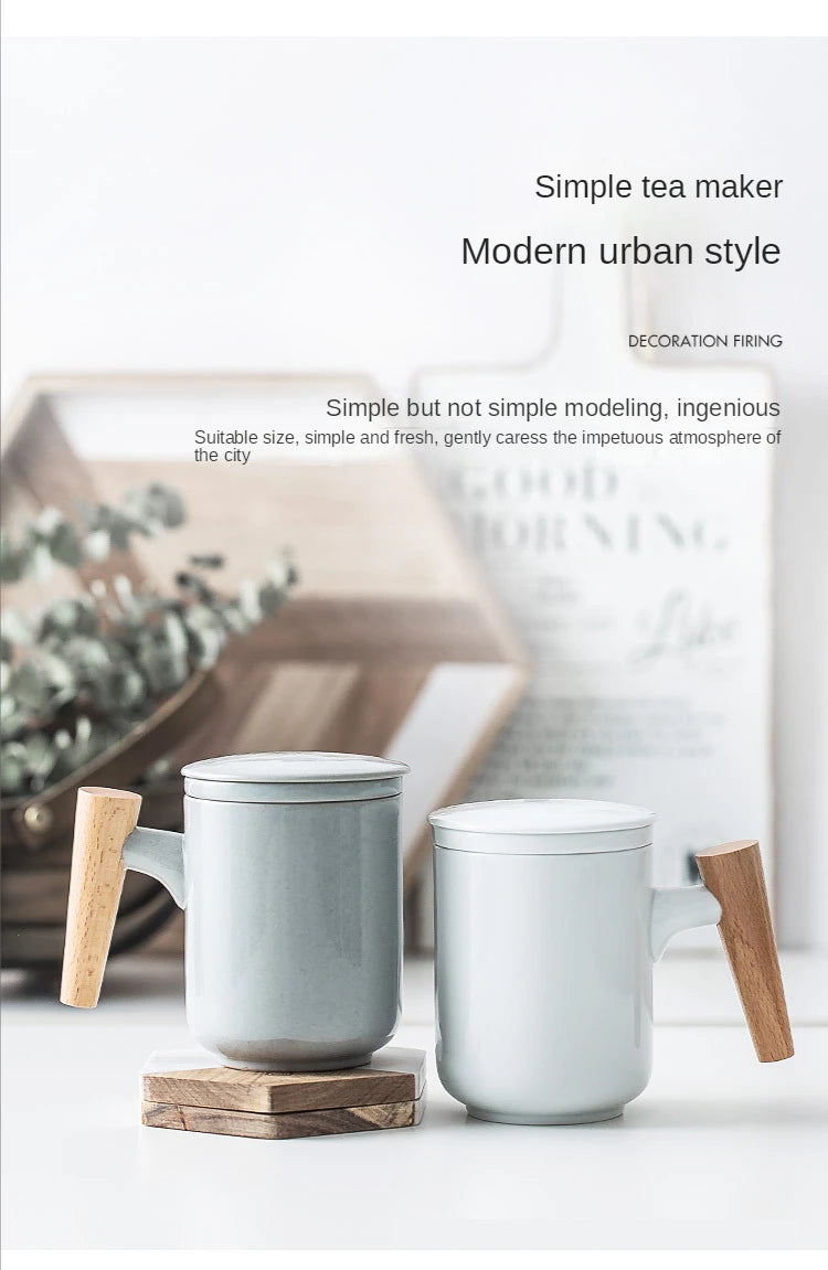 Tea Separation Mug Ceramic Frosted Tea Cup  Wooden Handle Mug With Lid Filtration
