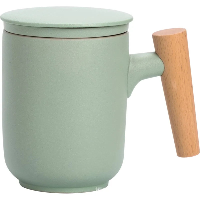 Tea Separation Mug Ceramic Frosted Tea Cup  Wooden Handle Mug With Lid Filtration