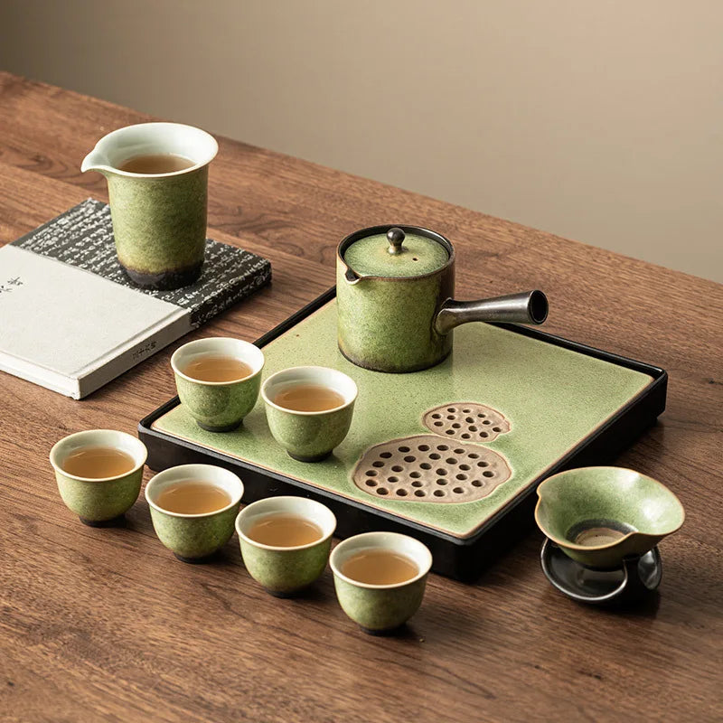 Kiln Transformation Kung Fu Tea Set Green Teapot Teacup Side Handle