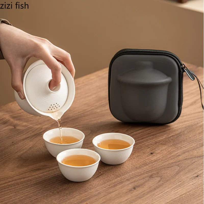 Glass Ceramic Travel Tea Set Portable Outdoor Teas  One Pot Two Cups Teas