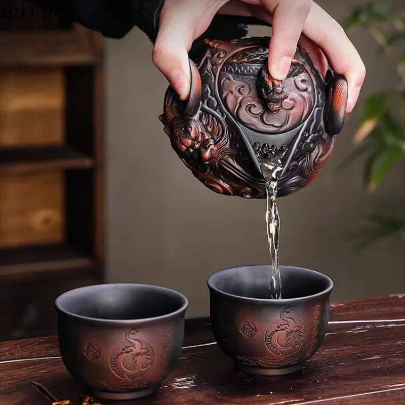 Ceramics Dragon Hand-held Pot Portable Travel Tea Set One Pot and Two Cups Kung Fu