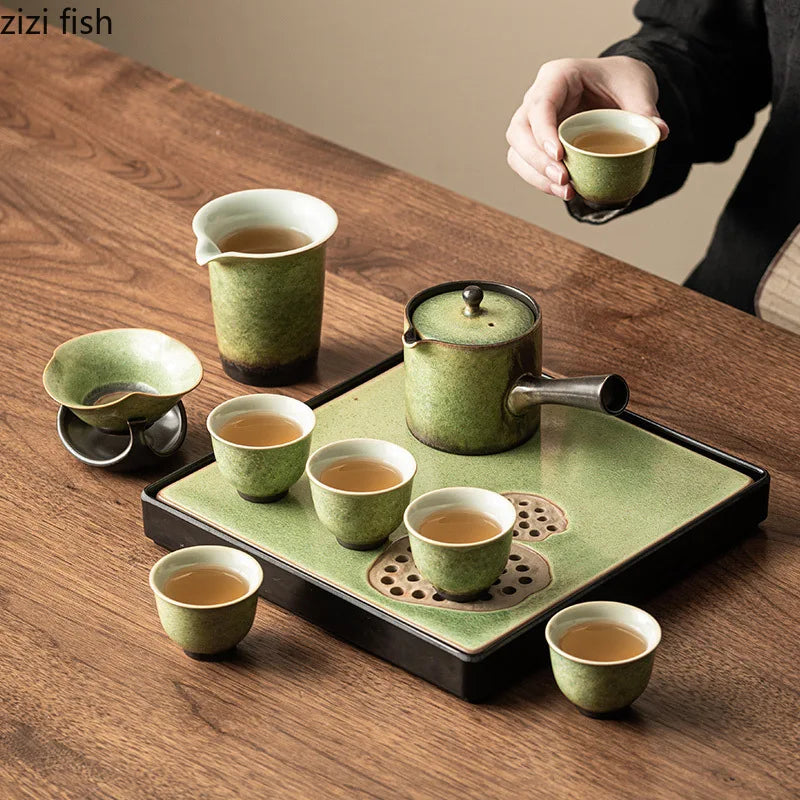 Kiln Transformation Kung Fu Tea Set Green Teapot Teacup Side Handle