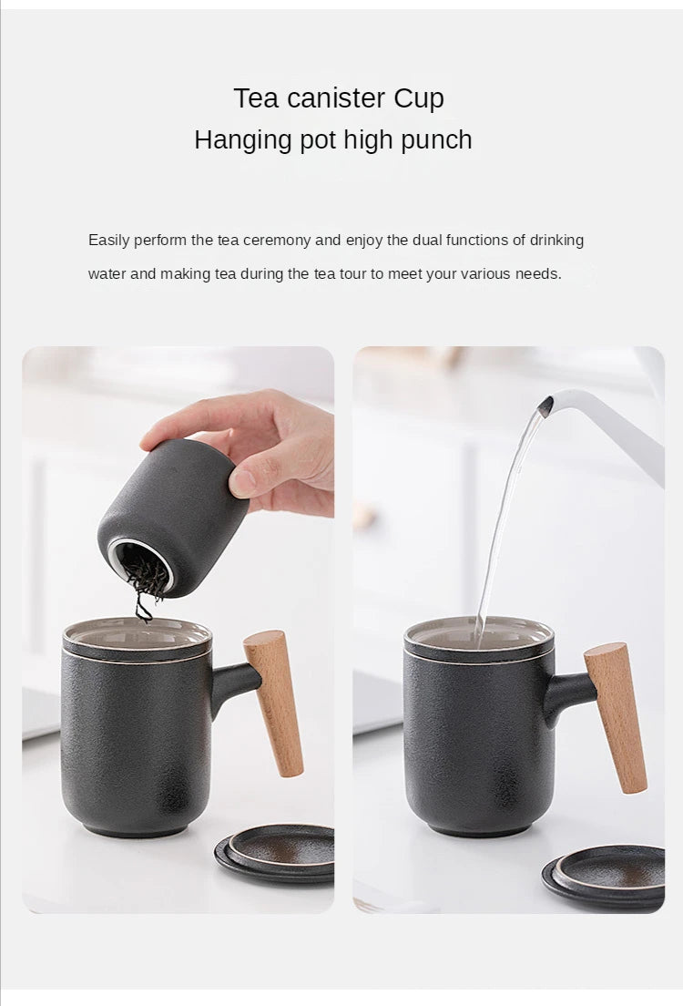 Tea Separation Mug Ceramic Frosted Tea Cup  Wooden Handle Mug With Lid Filtration