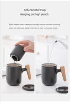 Tea Separation Mug Ceramic Frosted Tea Cup  Wooden Handle Mug With Lid Filtration