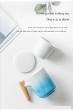 Tea Separation Mug Ceramic Frosted Tea Cup  Wooden Handle Mug With Lid Filtration