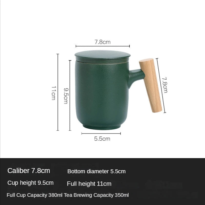 Tea Separation Mug Ceramic Frosted Tea Cup  Wooden Handle Mug With Lid Filtration